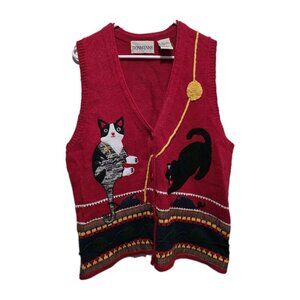 Vtg Donnkenny Sweater Vest Knitted Cats Mice Large Red